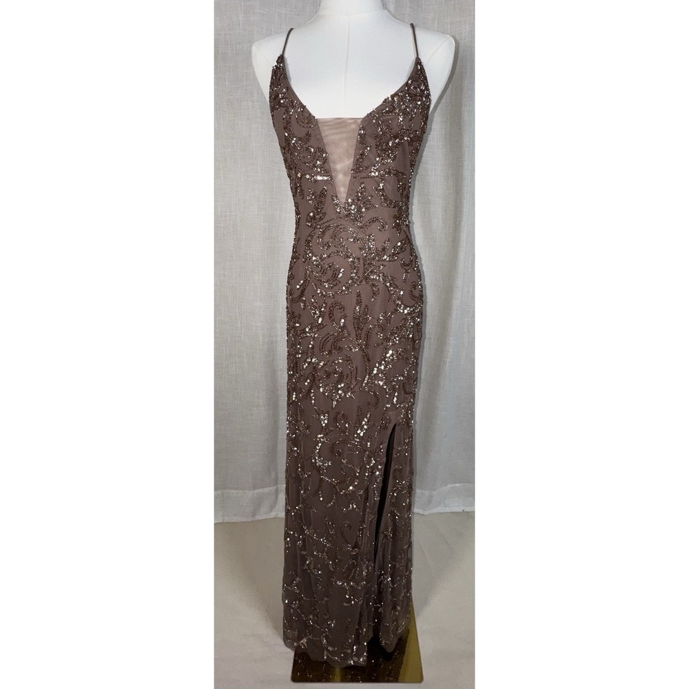 Galina Sequin Sz 6 Brown Taupe Mesh Plunge Strappy Evening‎ Prom Dress Gown